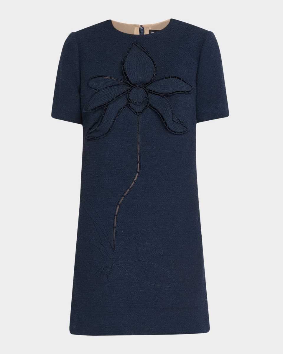 Floral Embroidered Short Cotton Tweed Shift Dress